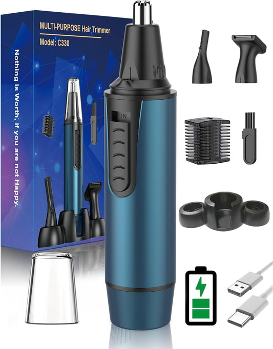 Nose Hair Trimmer Men, 3 in 1 Professional Ear Hair Trimmer and Nose Hair Remover for Men and Women, USB Rechargeable, Dual Blades, IPX7 Waterproof, Easy Cleaning, Blue
