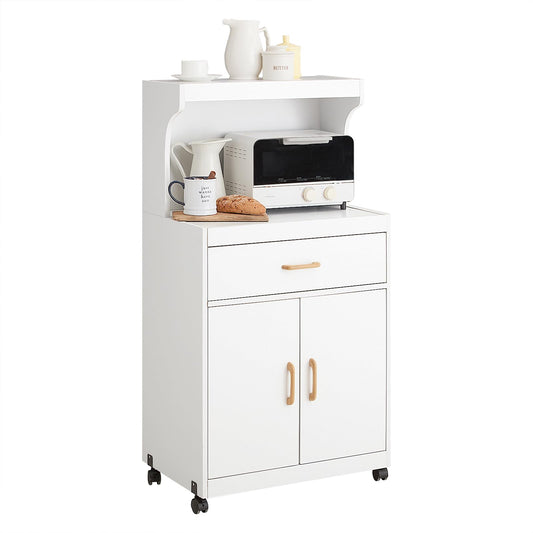 SoBuy® FSB12-W Microwave Cabinet with Wheels Kitchen Cabinet Kitchen Trolley Drinks Trolley with 2 Shelves, 2 Doors and 1 Drawer, White Dimensions approximately: 62x119x40cm