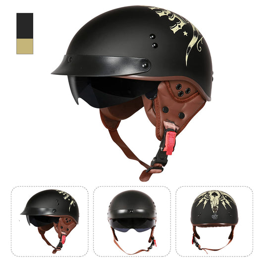 BOSERMEM motorcycle helmet with goggles DOT/ECE approved, open face helmet scooter moped chopper vintage (Matte black lucky bull head, XXL 63-64cm)