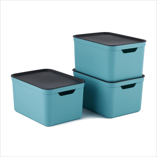 Jive storage box 3-piece set 16L with lid, made of recycled plastic (PP), turquoise/anthracite, 3x16L (37.5 x 27.8 x 29.8 cm)