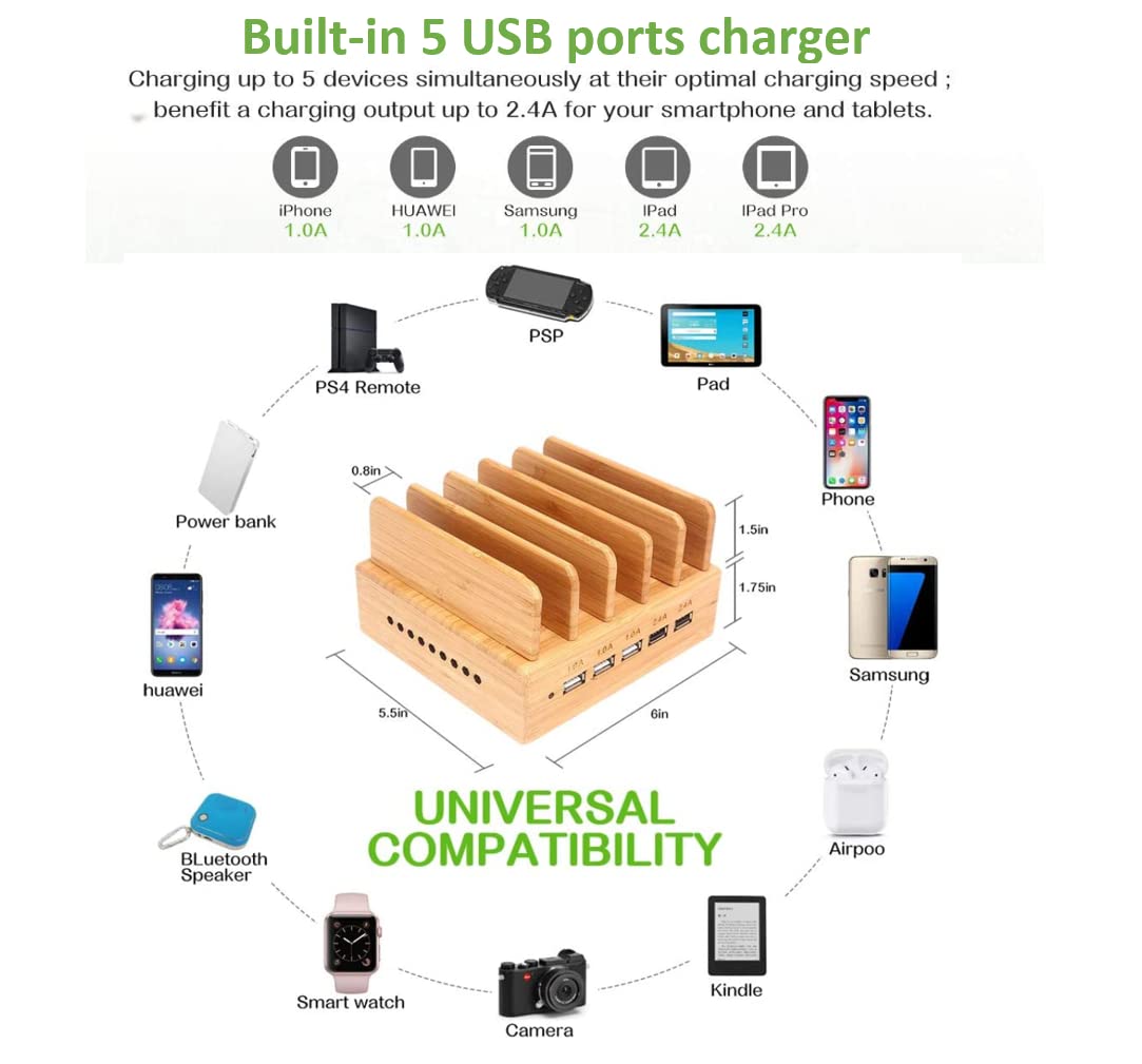 Yisen Mobile Charging Station USB Charger Multiple Charging Station for Multiple Devices Smartphone, Tablets (with 5 USB Cables)