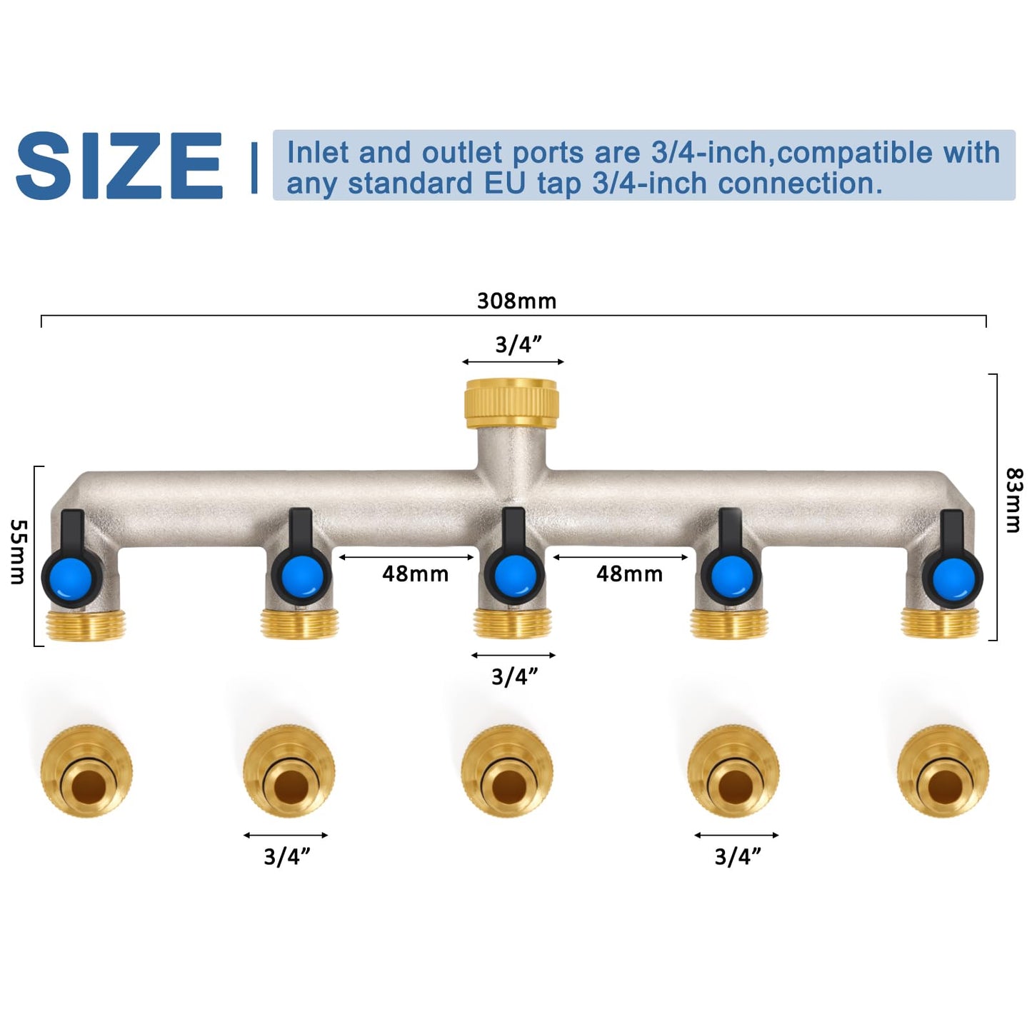 5-way water tap water distributor made of brass for 5 devices/garden hoses, 5-way distributor 3/4" adapter 1/2" with ball valve for adjusting and shutting off water flow.