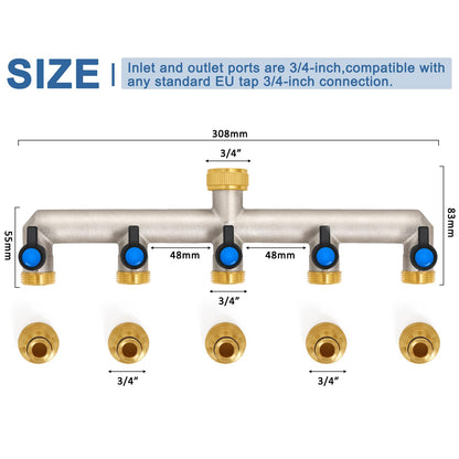 5-way water tap water distributor made of brass for 5 devices/garden hoses, 5-way distributor 3/4" adapter 1/2" with ball valve for adjusting and shutting off water flow.