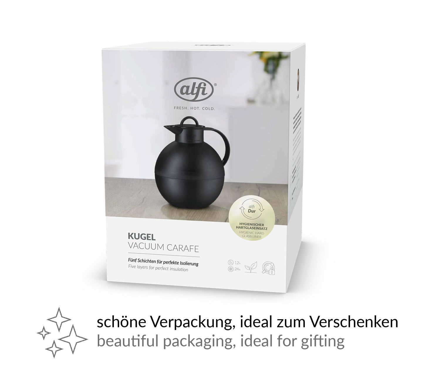 alfi BALL 1 QT, dark blue matte, plastic insulated carafe with hygienic hard glass insert, screw top lid, designer piece, spherical thermos, ideal for coffee or tea, BPA free.