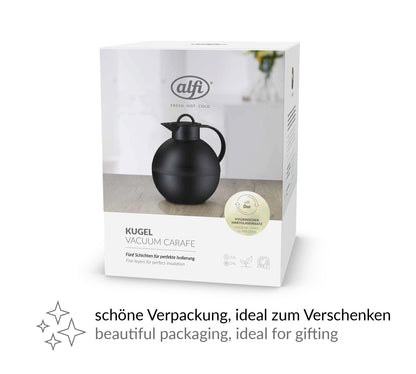 alfi BALL 1 QT, dark blue matte, plastic insulated carafe with hygienic hard glass insert, screw top lid, designer piece, spherical thermos, ideal for coffee or tea, BPA free.