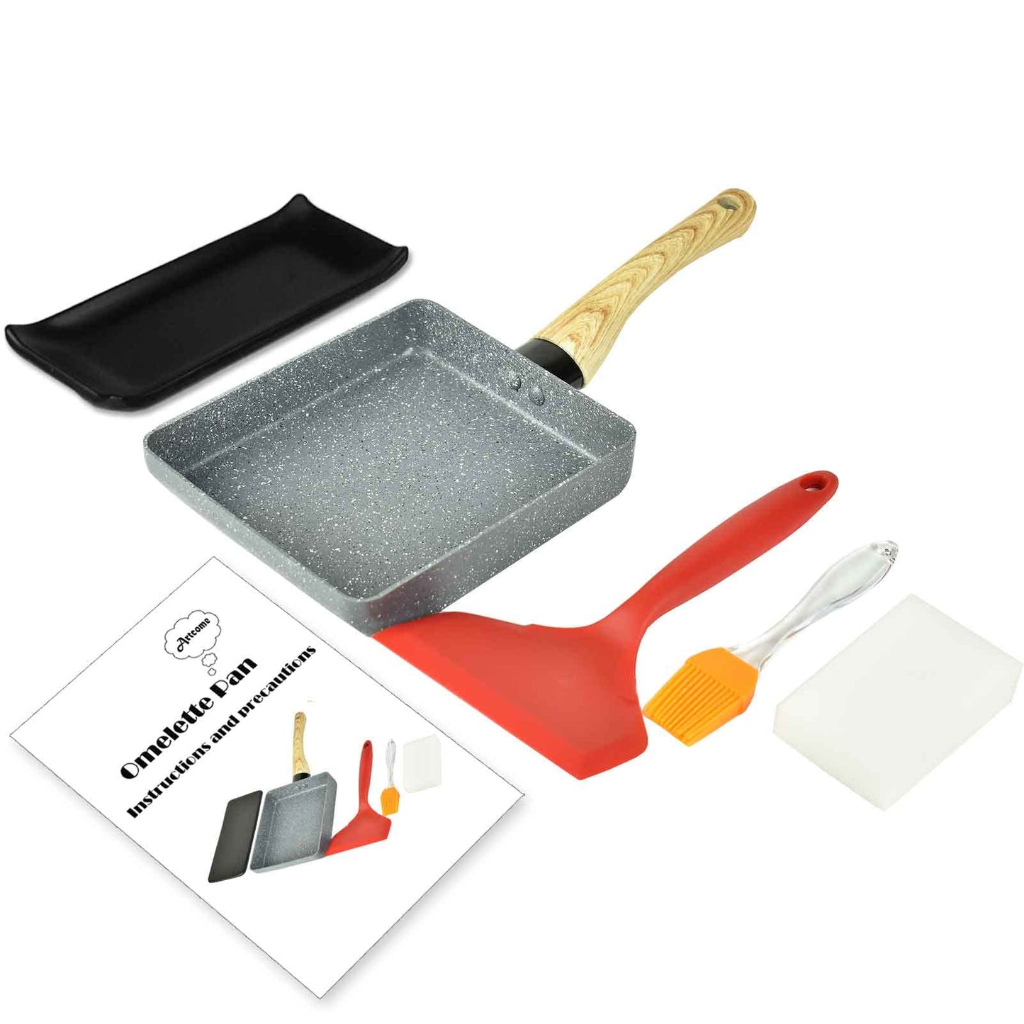 Artcome Japanese omelette pan with non-stick coating. Includes tamagoyaki plate, silicone spatula, and brush. Available in gray.