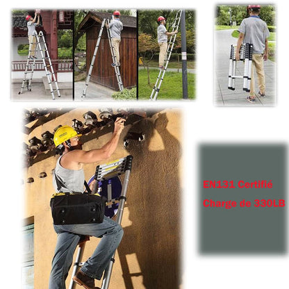 5m telescopic ladder, aluminum, 150kg capacity, EN131 certified. Folding attic ladder with non-slip rubber feet.