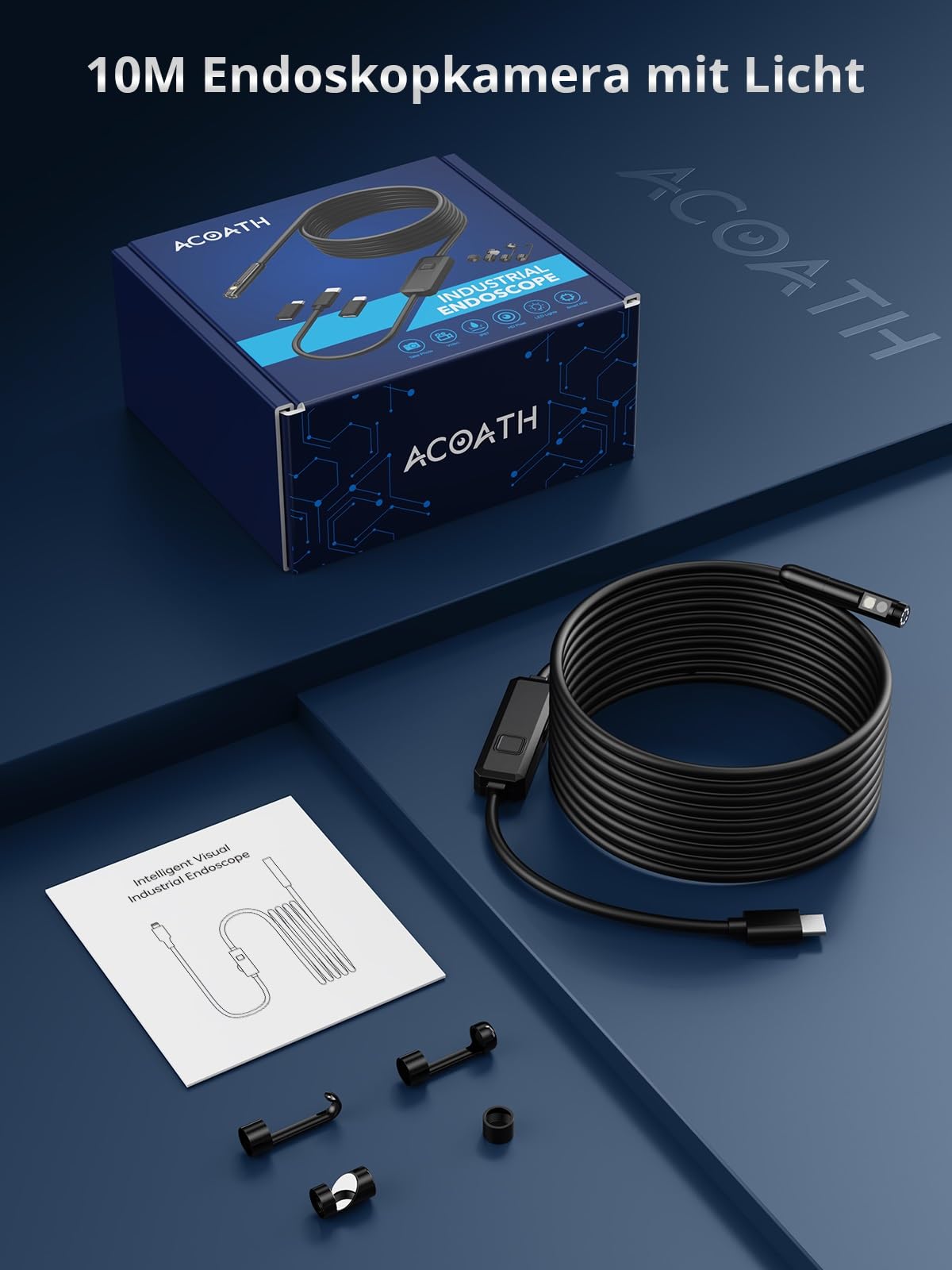 Acoath Endoscope Camera with Light, 1920 HD Tube Camera with 8 LEDs, IP67 Waterproof Inspection Camera Gadget, 10M Drain Camera Tools for Android & iOS - 2 Lenses