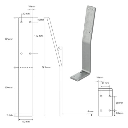 ML-Design 2 Piece Backrest Bracket, Silver, made of stainless steel, 345x90x50 mm, bench backrest, bench back, backrest for screwing, metal backrest bracket profile for seat benches, beds, chairs.