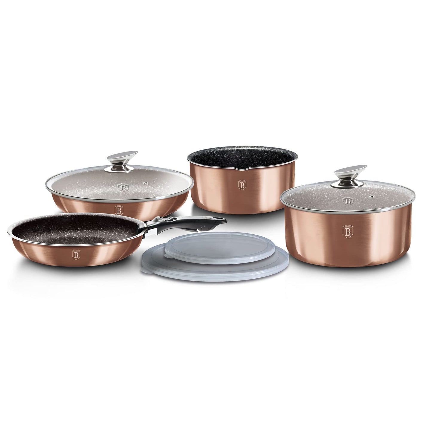 Berlinger Haus Rose Gold Cookware Set, Induction, 9 pieces, detachable handle, interchangeable, non-stick coated, PFOA-free, aluminum, pots and pans, glass lids + airtight, stackable