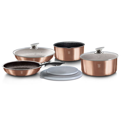Berlinger Haus Rose Gold Cookware Set, Induction, 9 pieces, detachable handle, interchangeable, non-stick coated, PFOA-free, aluminum, pots and pans, glass lids + airtight, stackable