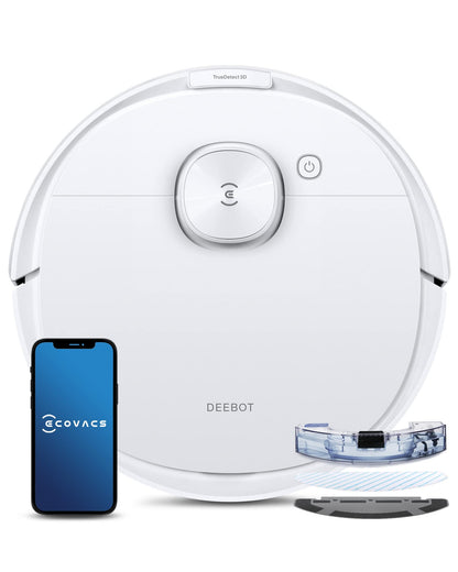 ECOVACS DEEBOT N8 PRO robot vacuum with mopping function, 2600Pa suction power, 3D obstacle detection, laser mapping, 67dB noise level, App & Alexa compatible, white color. Suitable for hard floors (Laminate, Parquet, PVC) & carpets/rugs.