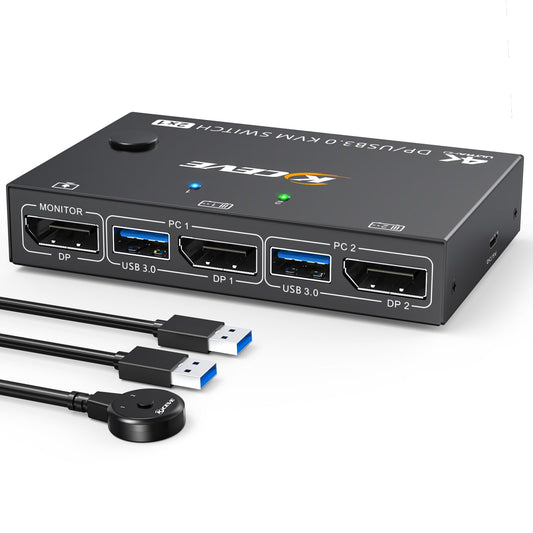 USB3.0 KVM Switch Displayport 2 Ports 4K@144Hz, ESKEVE KVM Switch 2 PC 1 Monitor 8K@30Hz for sharing 1 monitor and 4 USB3.0 devices between 2 PCs. Includes USB cable and desktop controller.