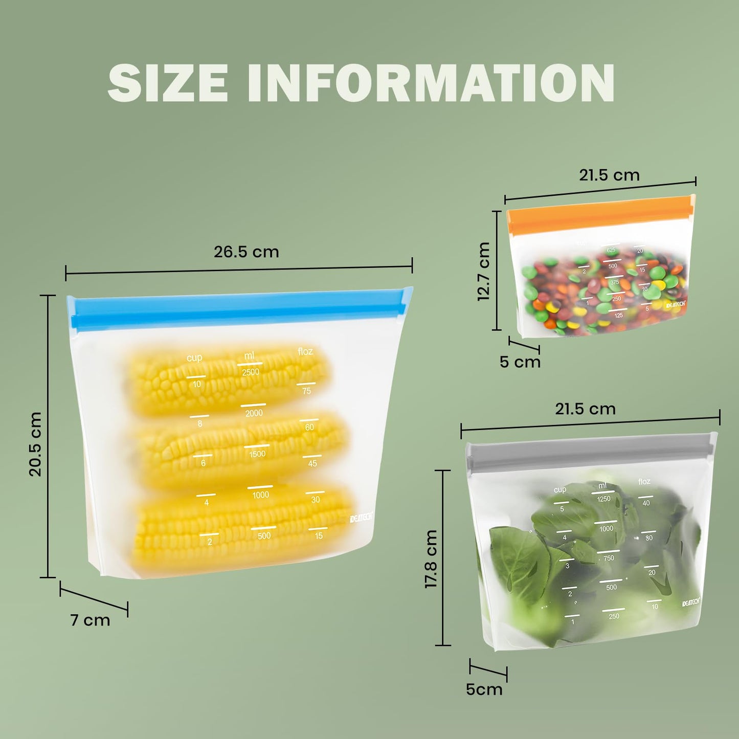 IDEATECH 20 Pack Reusable Freezer Bags with Stand-Up Bottom Design, Silicone Bags for Food, Storage Bags Sandwich Bags Kitchen Bags for Vegetables Milk Snacks Meat