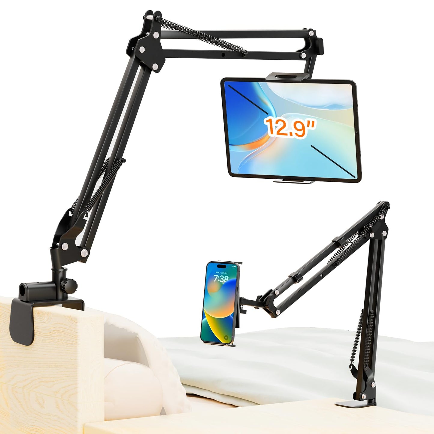 PEYOU Tablet Holder Bed Stand, 360 Degree Rotatable iPad Holder with Stable Carbon Steel, Kindle Holder Bed for Phone/M-Switch, or Other 4.6"-12.9" Devices.