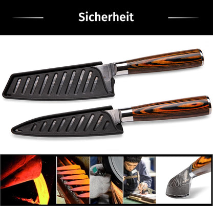 Wolfblood Damascus Knife Set 2 pieces (24cm) Professional Damascus Kitchen Knives made of 67 layers of Damascus steel - with Chef's knife Santoku knife wooden handle gift box and blade guard