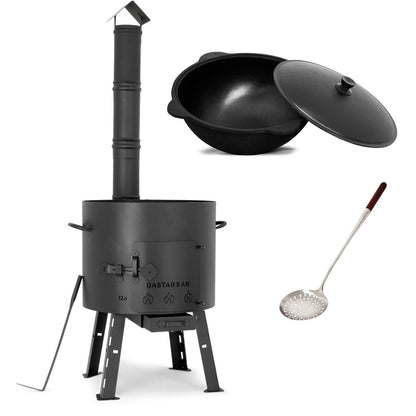 SET Utschak with draw-off pipe, 40cm + 12 liter cast iron Kazan SMOOTH INSIDE + 50cm skimmer - field kitchen, goulash kettle fire pot outdoor for Kazan Kasan 12L