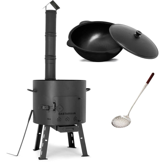 SET Utschak with draw-off pipe, 40cm + 12 liter cast iron Kazan SMOOTH INSIDE + 50cm skimmer - field kitchen, goulash kettle fire pot outdoor for Kazan Kasan 12L