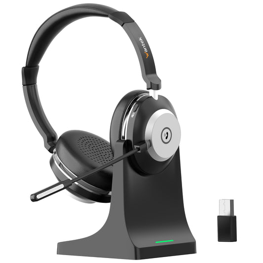 Wantek Wireless Headset with Microphone, Bluetooth Headset with Charging Dock, Wireless Headphone with Microphone and USB Dongle, Call Center Headphone for Computer Laptop Teams Office Zoom Skype.
