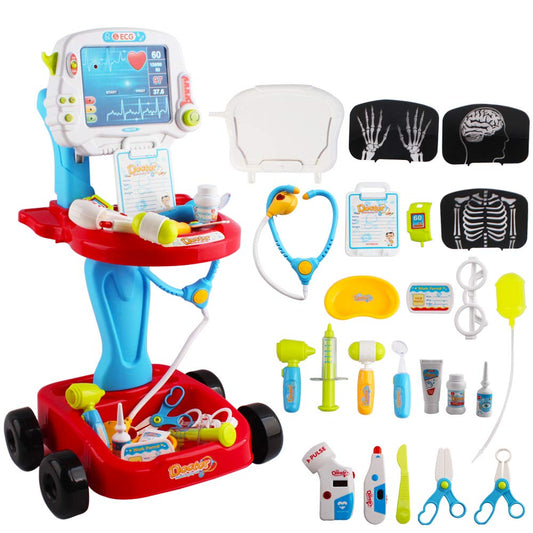 deAO Doctor Cart Doctor's Case for Children with Sound & Light, Doctor Playset with Stethoscope, Thermometer, Syringe, Doctor Set for Role-Playing Doctor Medical Trolley Toy Lots of Accessories Gifts for Kids