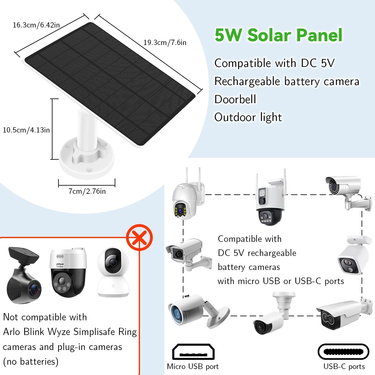 Eufy Security Solar Panel (5W) is compatible with EufyCam. It has a 5V solar panel with a USB-C connector, a micro USB adapter, and is IP65 weatherproof for outdoor surveillance and camera charging.