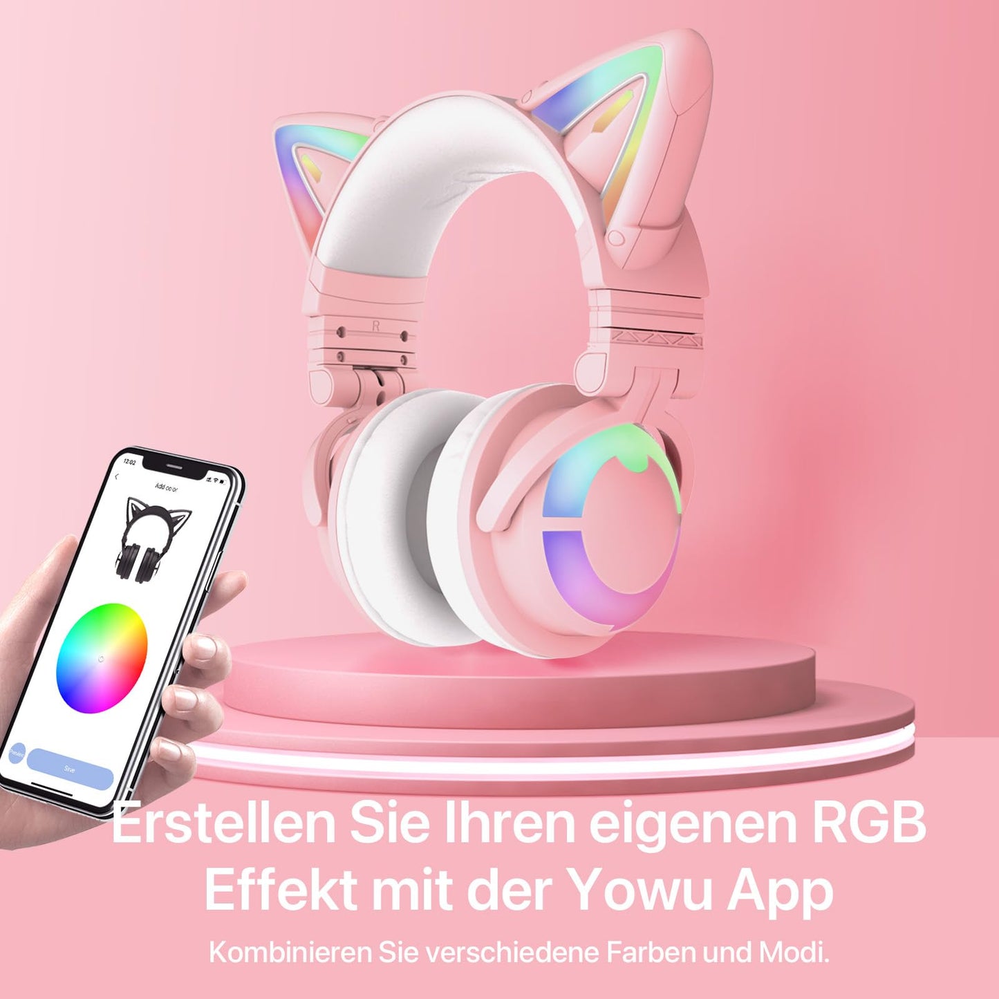 YOWU RGB Cat Ear Headphone 3S Wireless 5.0 Foldable Gaming Headset with built-in microphone & customizable lighting and effects through app, Type-C charging audio cable, for PC Laptop Mac Smartphone (Pink)