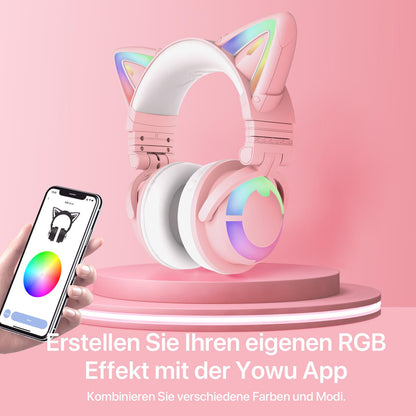 YOWU RGB Cat Ear Headphone 3S Wireless 5.0 Foldable Gaming Headset with built-in microphone & customizable lighting and effects through app, Type-C charging audio cable, for PC Laptop Mac Smartphone (Pink)