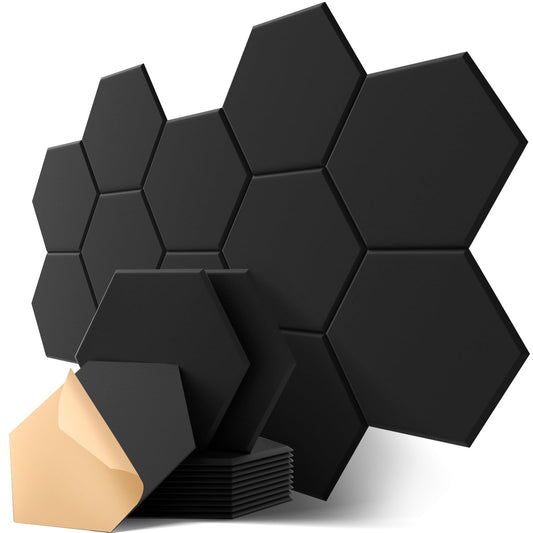 Hexagon Acoustic Panels Self-Adhesive, 12 Pieces Sound Absorber for Studio, Living Room, Gaming Decor, Nursery, Office, Walls, Ceilings, Doors Acoustic Panels Black, 30 x 26 x 0.9cm