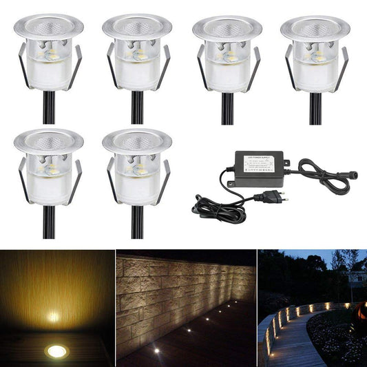 6-pack LED recessed lights, Ø30mm 0.6W LED ground lights for stairs, warm white, DC 12V, IP67 waterproof outdoor lamps for garden, kitchen, wooden bridge, pool lighting, wooden deck.