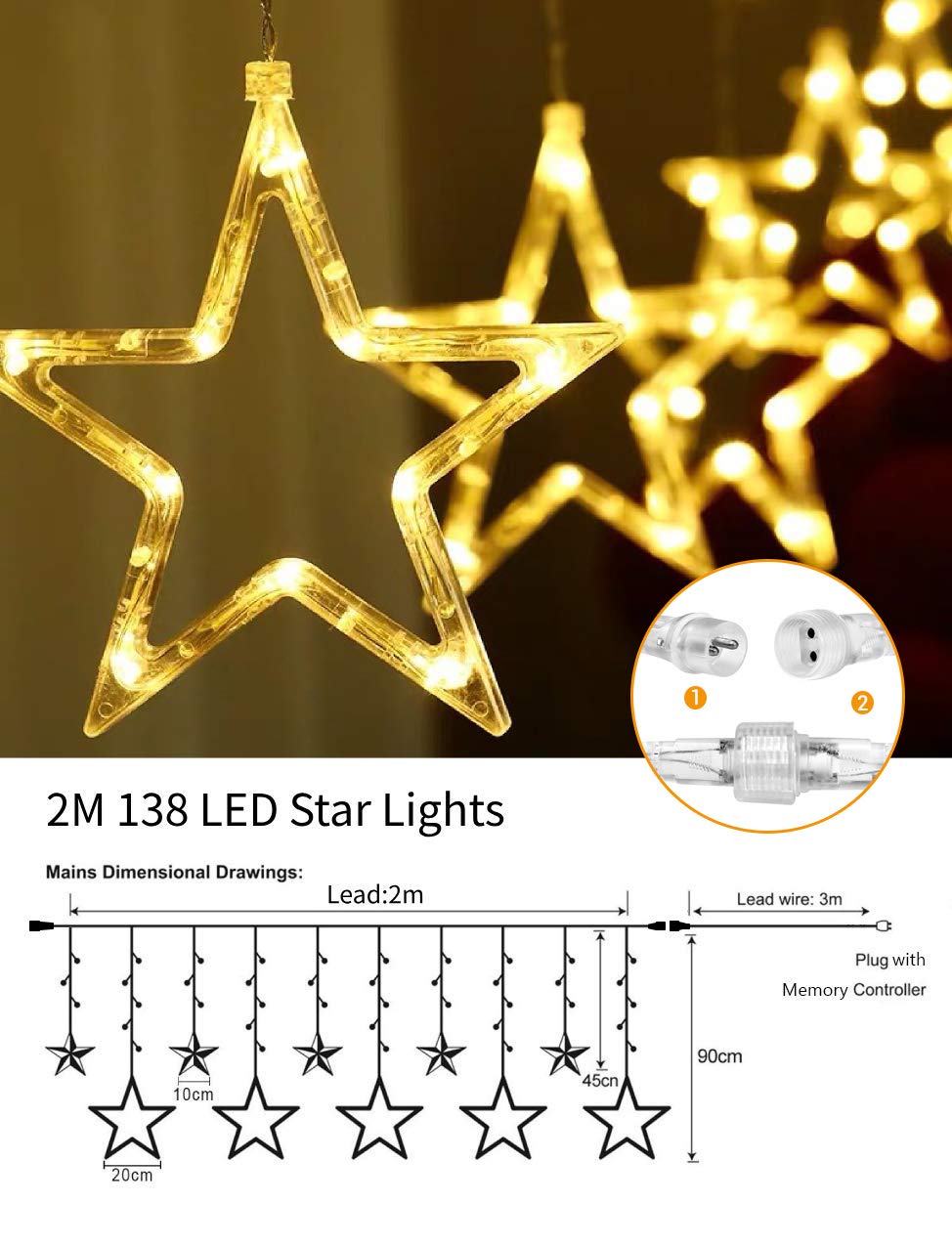 Quntis 138 LEDs 2m 12 Star String Lights Curtain Warm White, Expandable Christmas Lights Indoor Window, IP44 Curtain Lights Power Operated Outside, 8 Modes Christmas Decor for Room Balcony