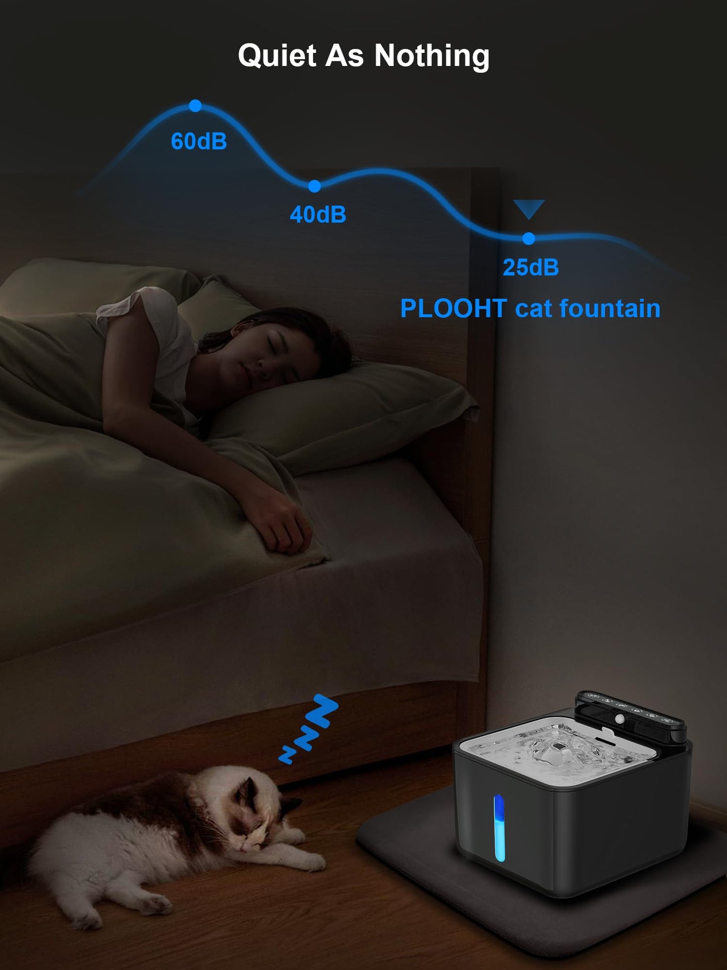 PLOOHT Cat Drinking Fountain Wireless, Cat Fountain with Motion Sensor, Cat Fountain Battery Operated 3.2L, Built-in 4000mAh Rechargeable Battery, with Quiet Pump and Filter, Black