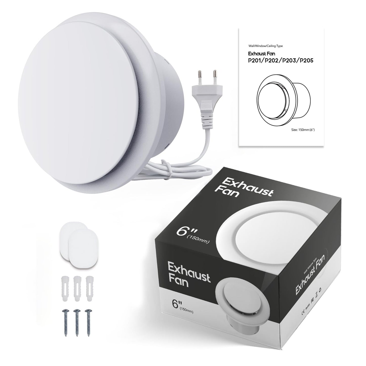 SBONNI Bathroom Fan 150mm - Quiet exhaust fan for bathroom - 310m³/h ventilation fan, exhaust fan with delay for bathroom, toilet, kitchen, greenhouse, and garage (1m EU power cord)