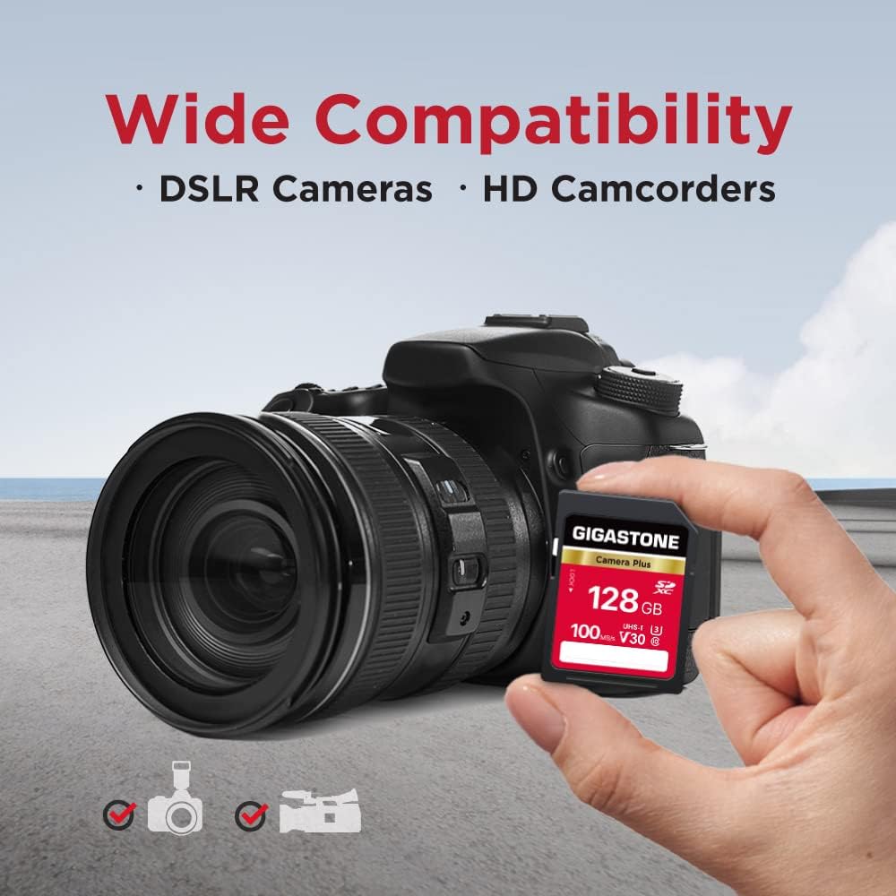 GIGASTONE 128GB SDXC Memory Card 2-Pack, Camera Plus, up to 100 MB/s, for video recording with Canon Olympus digital cameras, V30 UHS-I U3 Class 10.