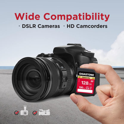 GIGASTONE 128GB SDXC Memory Card 2-Pack, Camera Plus, up to 100 MB/s, for video recording with Canon Olympus digital cameras, V30 UHS-I U3 Class 10.