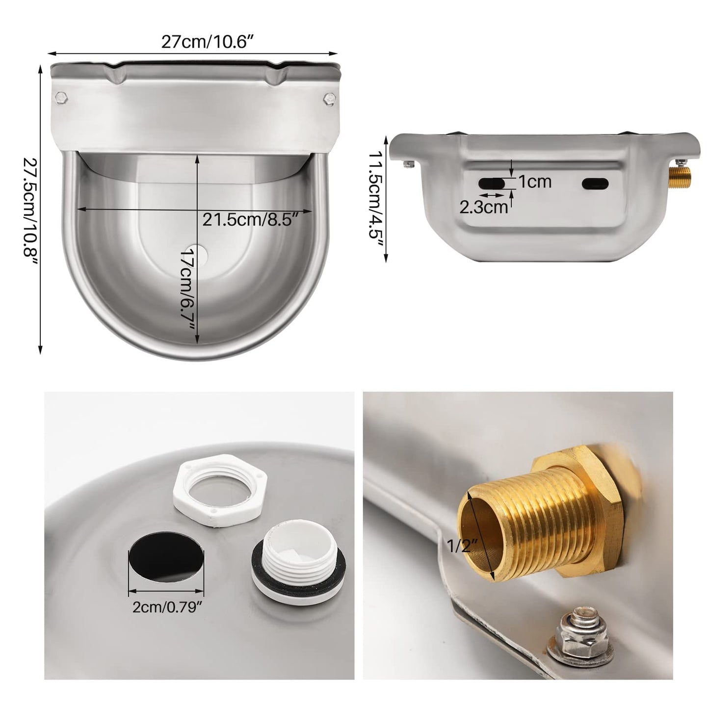 Automatic drinker basin made of stainless steel with 1/2 inch adjustable brass float valve and drainage holes for horses, cows, pigs, goats, sheep, and dog drinkers.