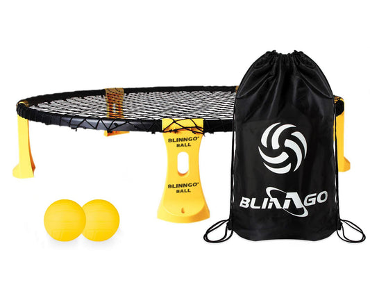 Mooki's Blinngoball Roundnet game for families spiderball set includes game net, 2 balls, drawstring bag, ball pump with 1 needle, and manual.