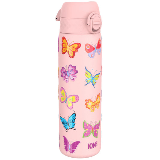 ion8 600ml stainless steel water bottle. Non-insulated, leak-proof, one-handed opening, secure locking, dishwasher safe, flip lid, carrying handle. Easy to clean, butterfly design.