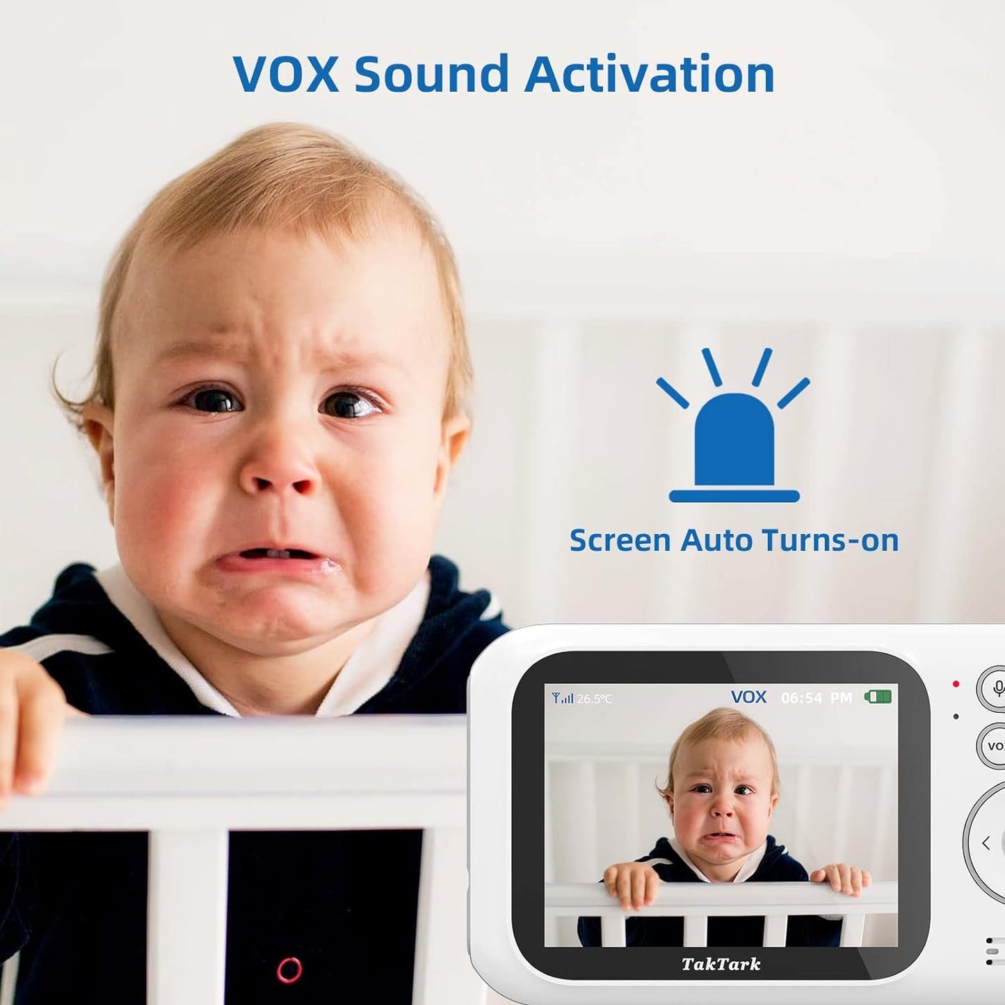 TakTark video baby monitor with camera, 3.2'' screen, zoom, VOX function, 2-way talk, night vision, temperature monitoring.