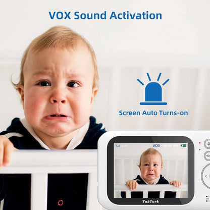 TakTark video baby monitor with camera, 3.2'' screen, zoom, VOX function, 2-way talk, night vision, temperature monitoring.