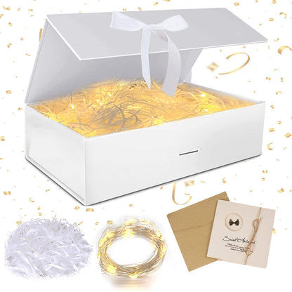 Gift box with lid, gift box with ribbon, foldable gift box, gift box with magnets, gift box set, greeting cards, raffia hamper shreds, LED fairy lights, for wedding, birthday, Christmas.
