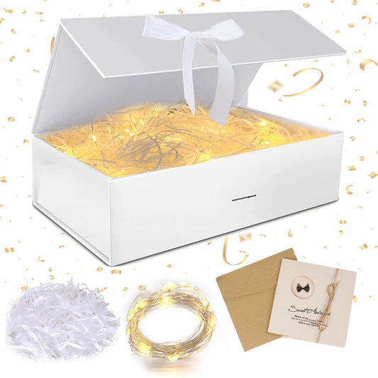 Gift box with lid, gift box with ribbon, foldable gift box, gift box with magnets, gift box set, greeting cards, raffia hamper shreds, LED fairy lights, for wedding, birthday, Christmas.