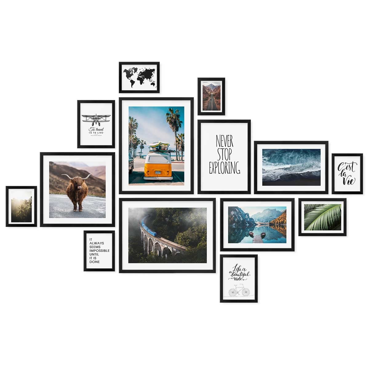 PHOTOLINI black picture frame set various sizes, 14 black wood MDF picture frames with acrylic glass, hanging picture frame set with accessories for photos & posters.