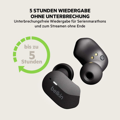 Belkin SoundForm True Wireless In-Ear Headphones (Bluetooth Earphones for iPhone, Samsung & Google devices, touch controls, charging case, 24 hrs playback time, noise isolation, sweatproof) - Black