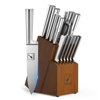 Imarku Knife block with 15-piece Japanese stainless steel knife set, professional kitchen knives with sharpener, one-piece knife for easy cleaning, sharp blades.