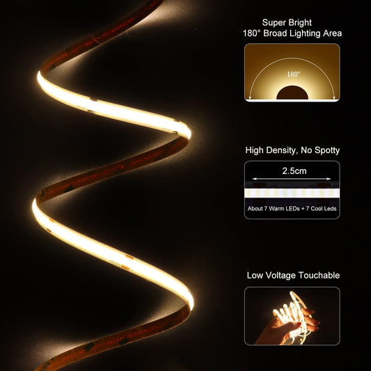 COB LED strip 6m 24V dimmable white, BUNACET LED bar band stripes light strip warm white 3000K-6500K cool white 3456 LEDs, with power supply RF remote control & APP Bluetooth for kitchen bedroom decoration