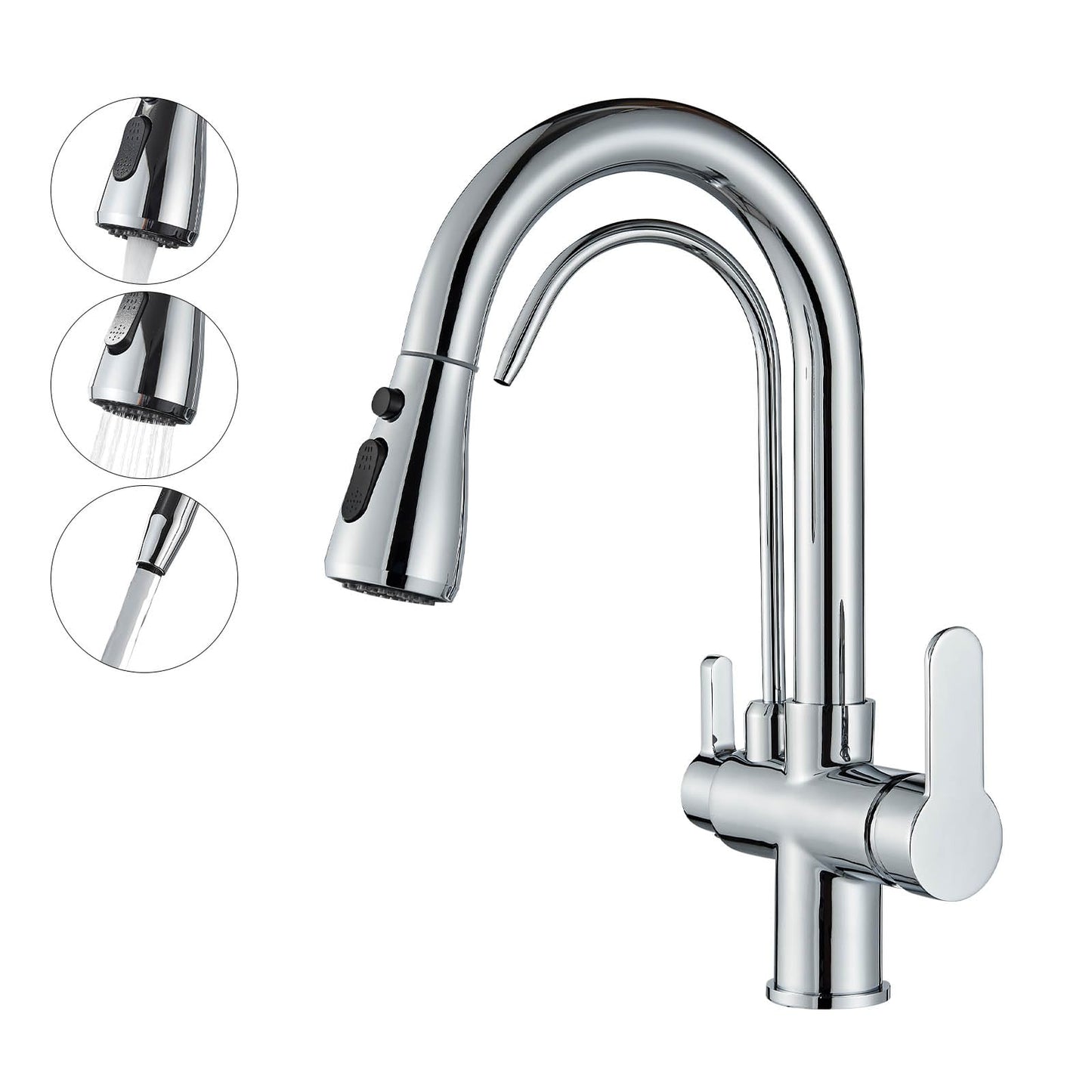 Onyzpily Kitchen Faucet Chrome High Pressure Kitchen Faucet with Pull-Out Sprayer, Pure Water Mixer Tap Sink Faucet 360° Swivel 2 Spray Functions High Arc Stainless Steel