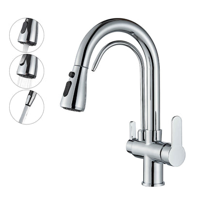 Onyzpily Kitchen Faucet Chrome High Pressure Kitchen Faucet with Pull-Out Sprayer, Pure Water Mixer Tap Sink Faucet 360° Swivel 2 Spray Functions High Arc Stainless Steel