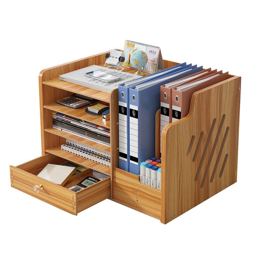 NUODWELL Wooden Desk Organizer, large capacity, Desk File Organizer, office supplies, file shelf for A4 papers, pens, books, letters, and documents (JB07-3 Cherry Wood)