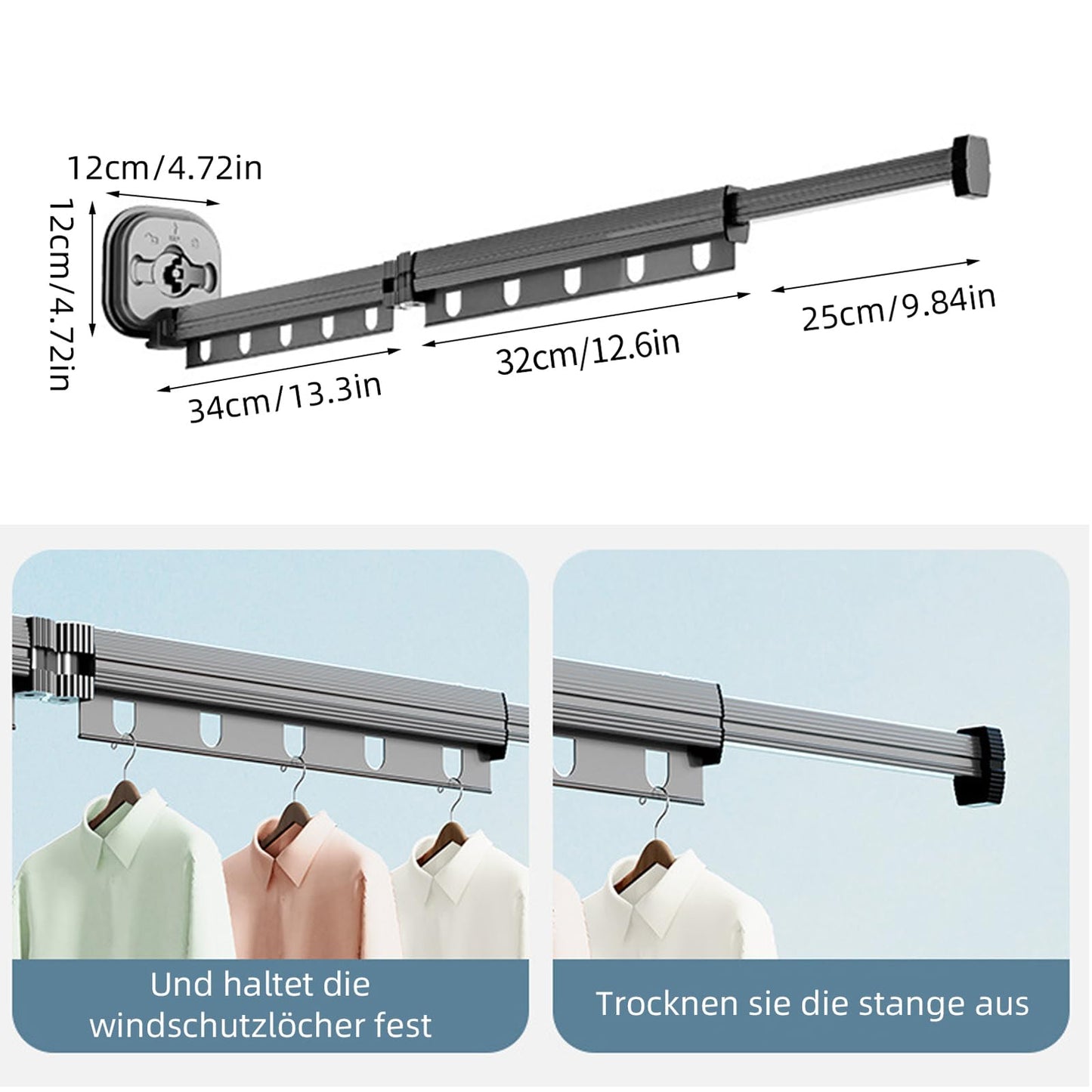 Clothes Drying Rack, Retractable Wall Mounted Cloth Hanger with Suction Cup, Foldable Collapsible Clothes Rod with Hooks & Towel Holder Balcony, Laundry, Bathroom, Bedroom (Dark Grey 2-way)