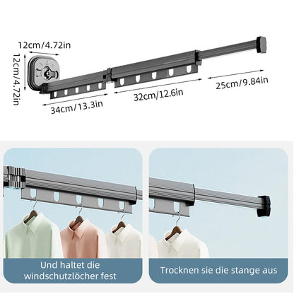 Clothes Drying Rack, Retractable Wall Mounted Cloth Hanger with Suction Cup, Foldable Collapsible Clothes Rod with Hooks & Towel Holder Balcony, Laundry, Bathroom, Bedroom (Dark Grey 2-way)